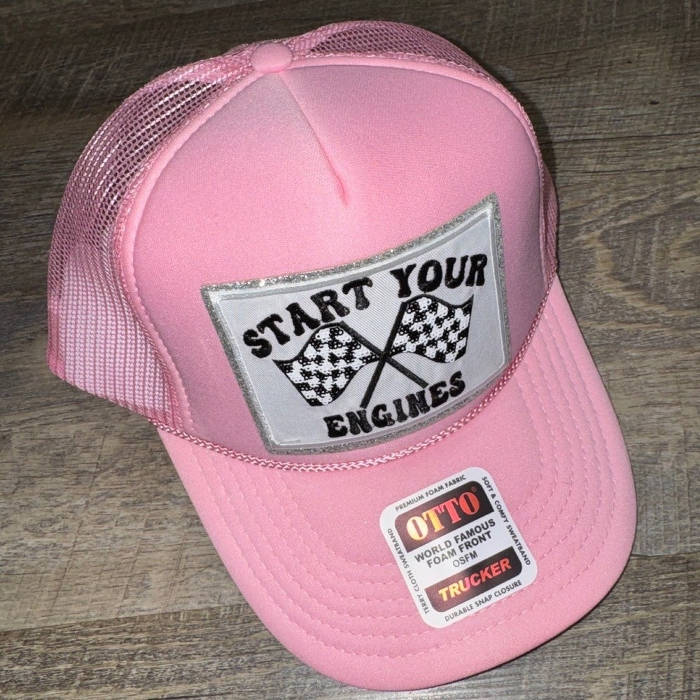 Start Your Engines Pink Trucker Hat Racing Checkered Flag OTTO Snapback NWT